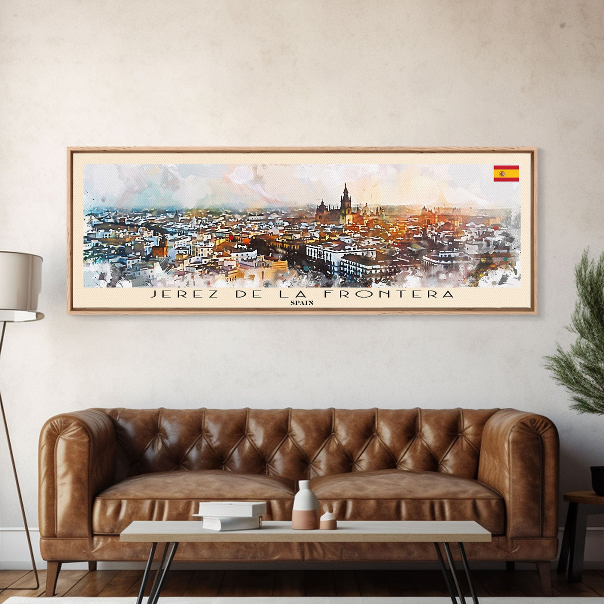 Jerez D eLa Frontera Spain Panoramic Travel Poster, Framed Canvas Print or Metal Wall Art, Travel Art, Home Decor, Panoramic Painting, Midcentury Art