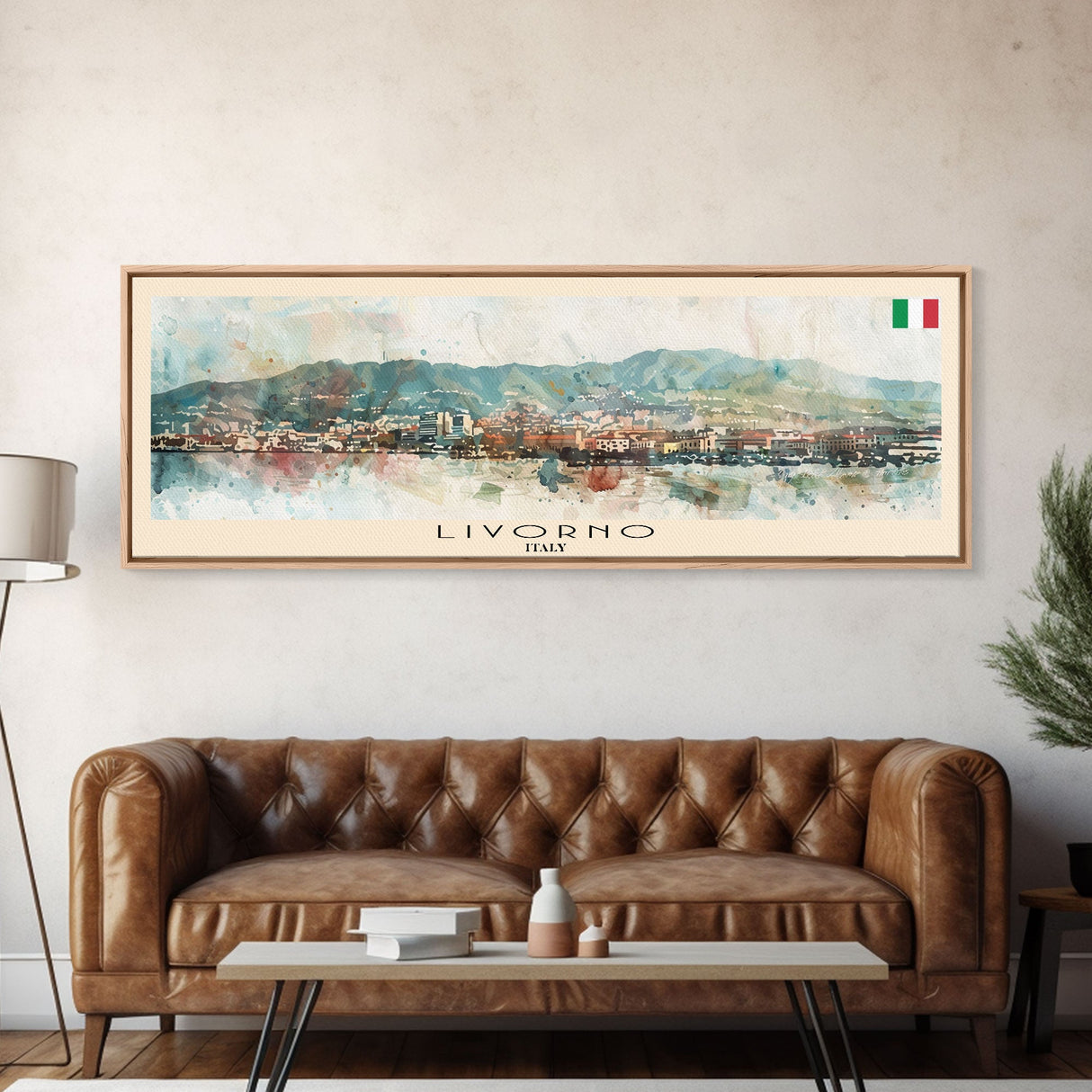 Livorno Italy Panoramic Travel Poster, Framed Canvas Print or Metal Wall Art, Travel Art, Home Decor, Panoramic Painting, Midcentury Art