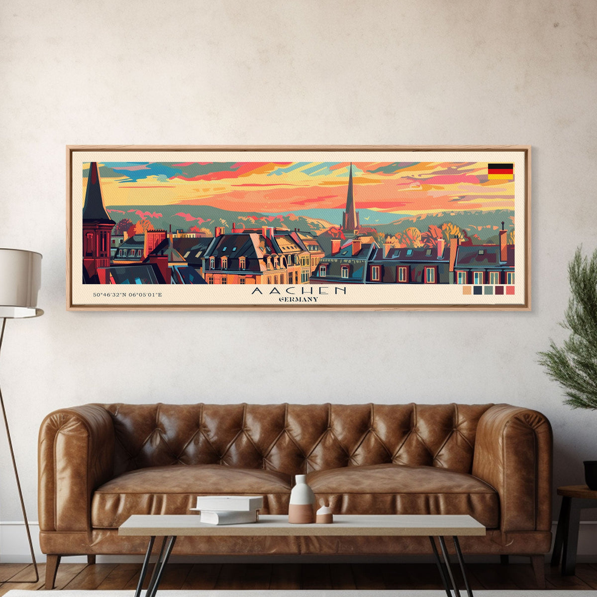 Aachen Germany Panoramic Travel Poster, Framed Canvas Print or Metal Wall Art, Travel Art, Home Decor, Panoramic Painting, Midcentury Art