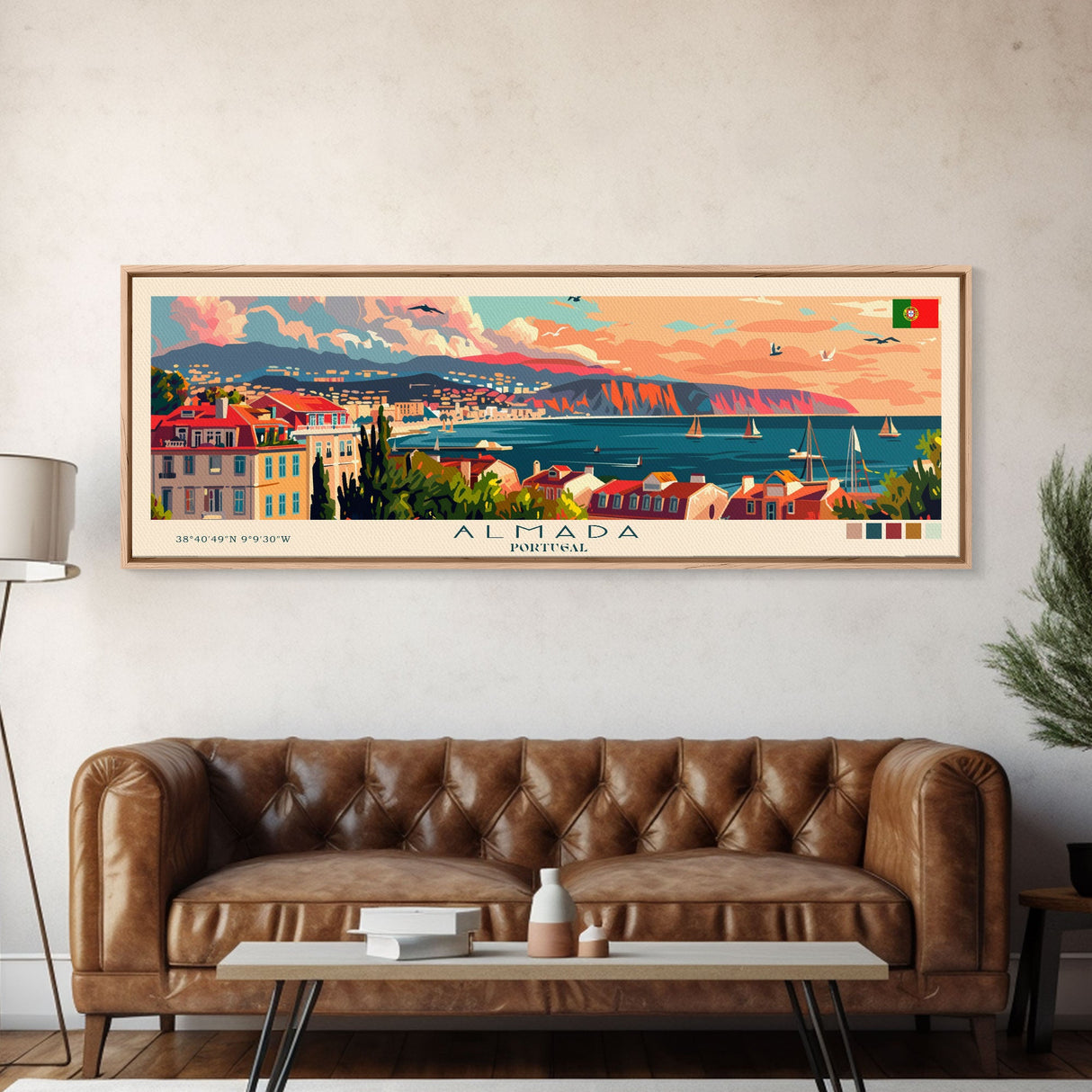 Almada Portugal Travel Art, City Art, Framed Canvas Print or Metal Wall Art, Europe Travel Poster, Panoramic Wall Art, Extra Wide Wall Art