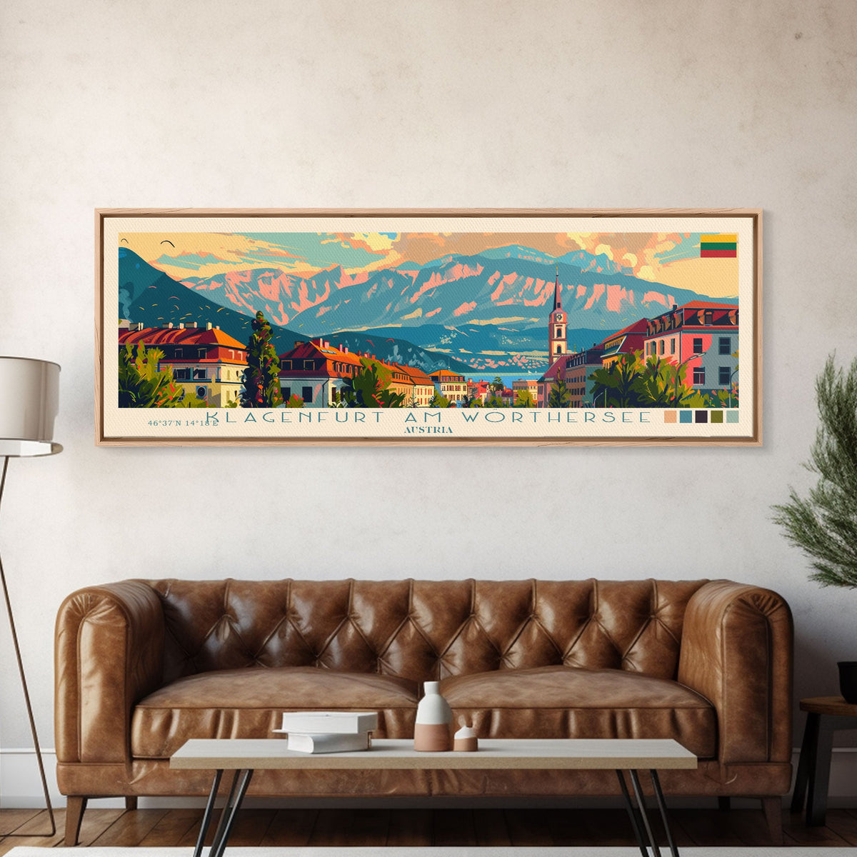 Klagenfurt Austria Panoramic Travel Poster, Framed Canvas Print or Metal Wall Art, Travel Art, Home Decor, Panoramic Painting, Midcentury Art