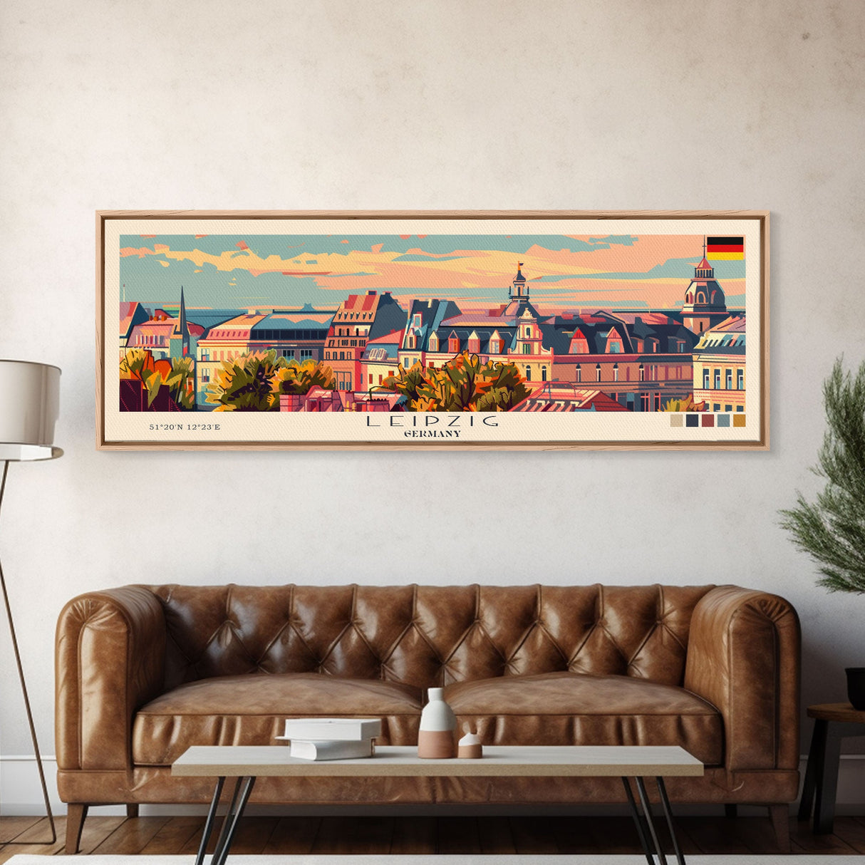 Leipzig Germany Panoramic Travel Poster, Framed Canvas Print or Metal Wall Art, Travel Art, Home Decor, Panoramic Painting, Midcentury Art