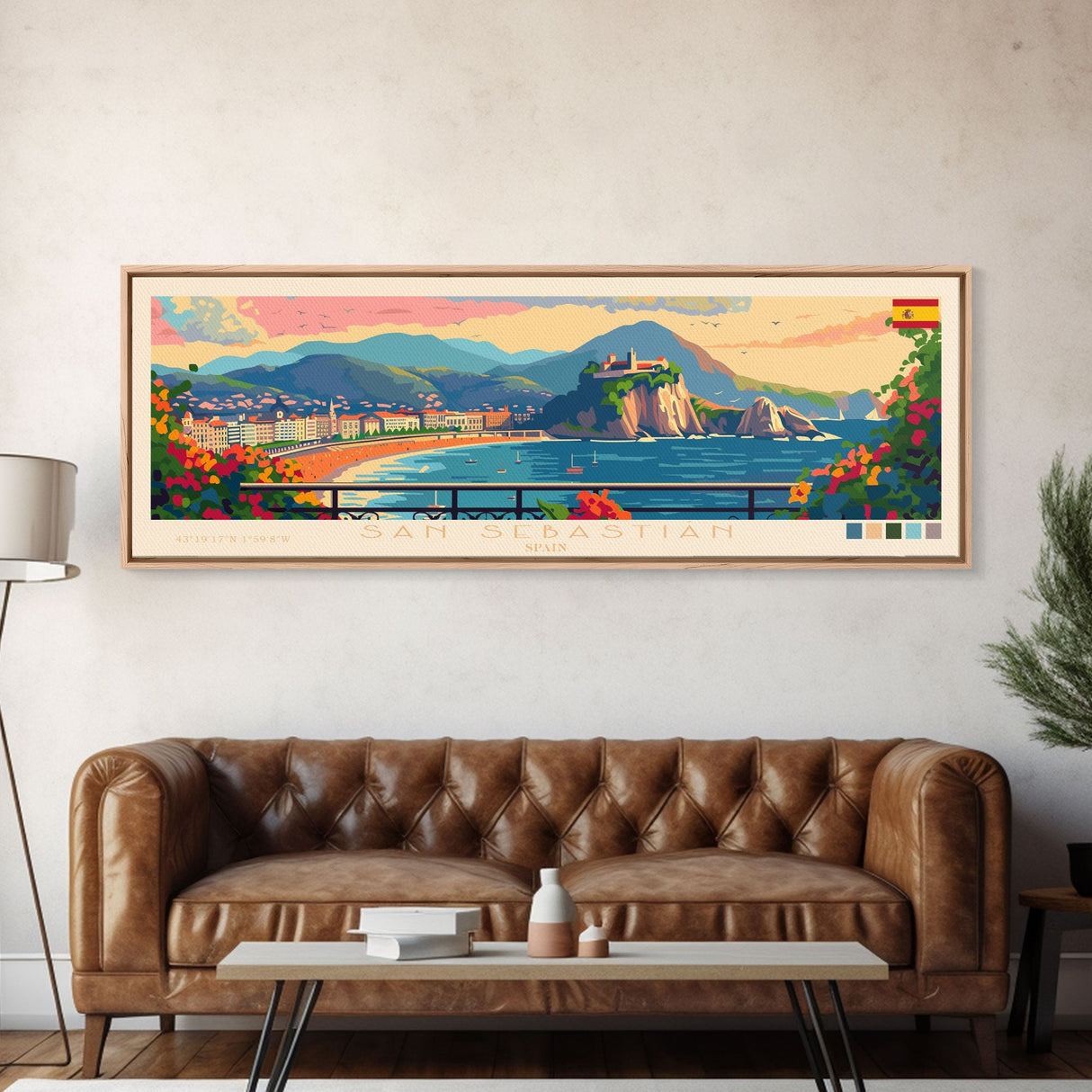 San Sebastian Spain Panoramic Travel Poster, Framed Canvas Print or Metal Wall Art, Travel Art, Home Decor, Panoramic Painting, Midcentury Art