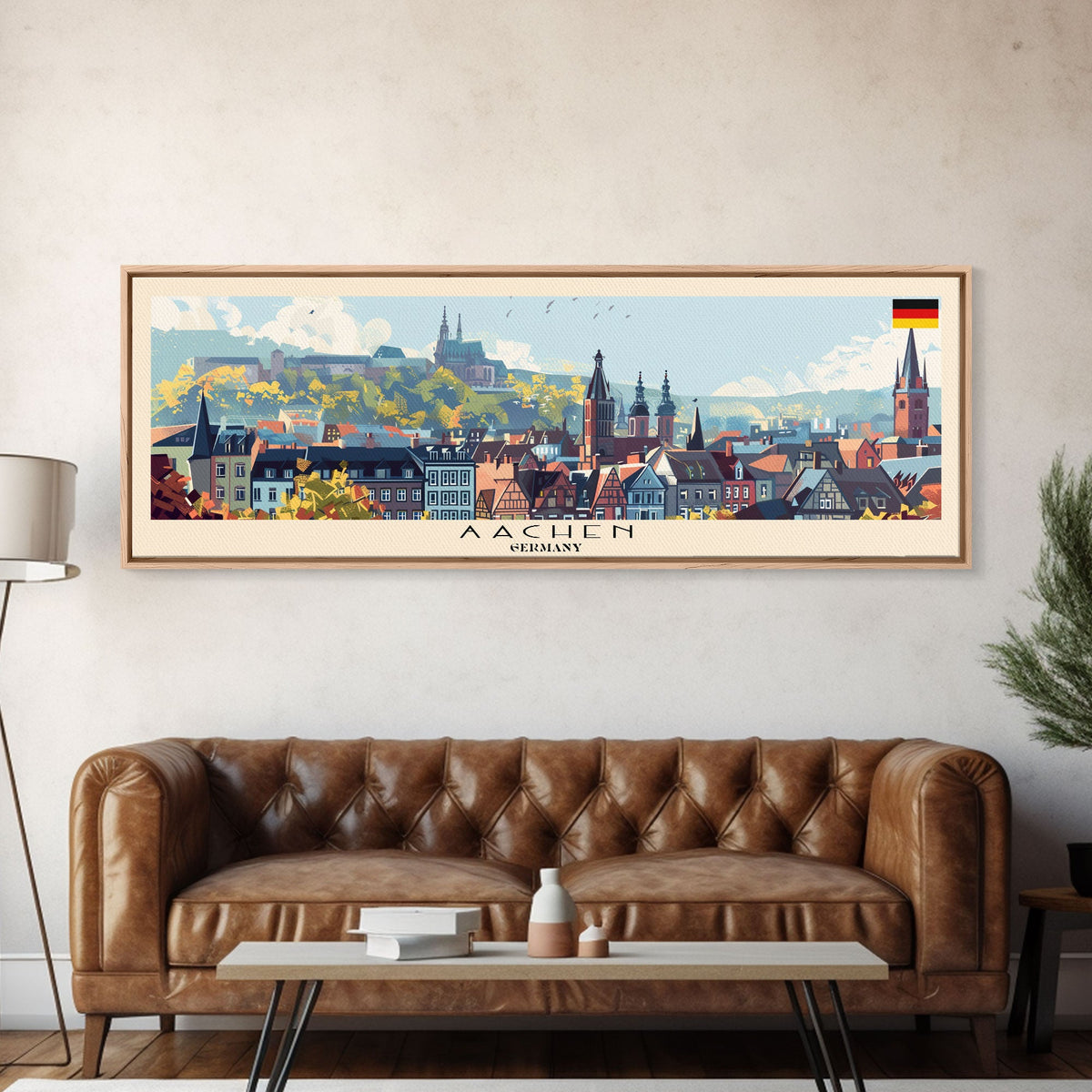 Aachen Germany Panoramic Travel Poster, Framed Canvas Print or Metal Wall Art, Travel Art, Home Decor, Panoramic Painting, Midcentury Art