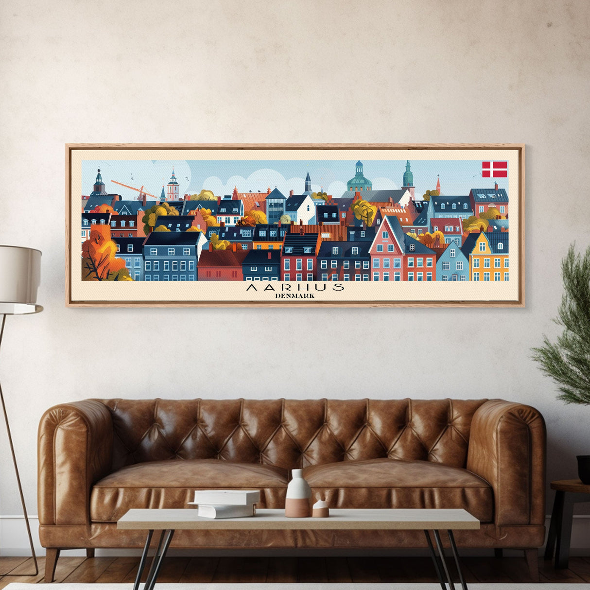 Aarhus Denmark Panoramic Travel Poster, Framed Canvas Print or Metal Wall Art, Travel Art, Home Decor, Panoramic Painting, Midcentury Art