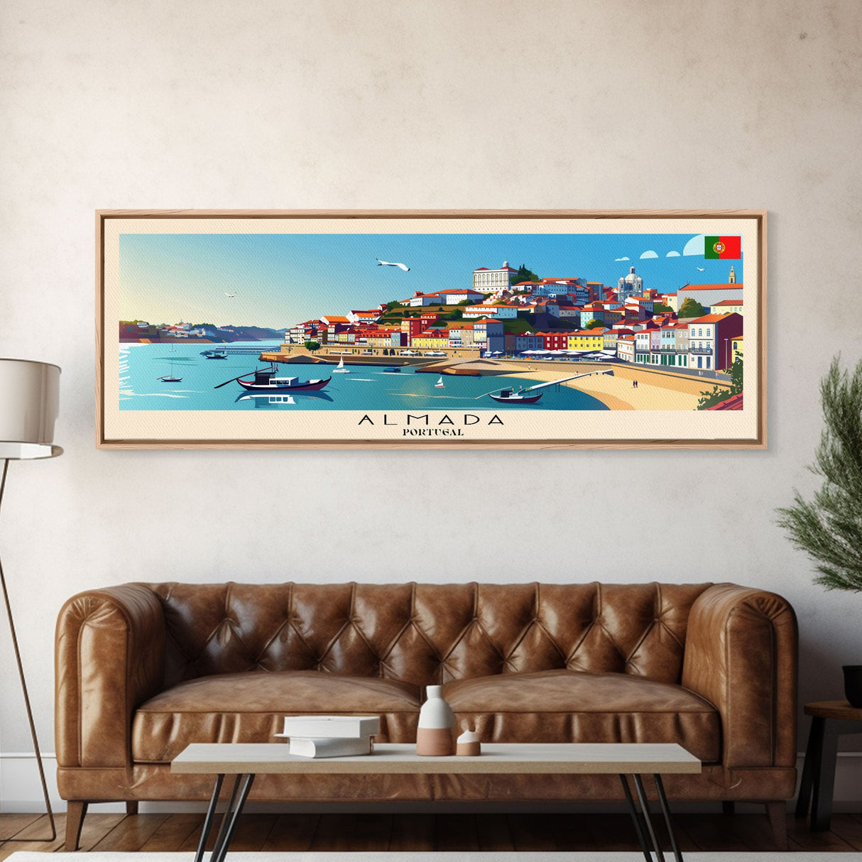 Almada Portugal Travel Art, City Art, Framed Canvas Print or Metal Wall Art, Europe Travel Poster, Panoramic Wall Art, Extra Wide Wall Art