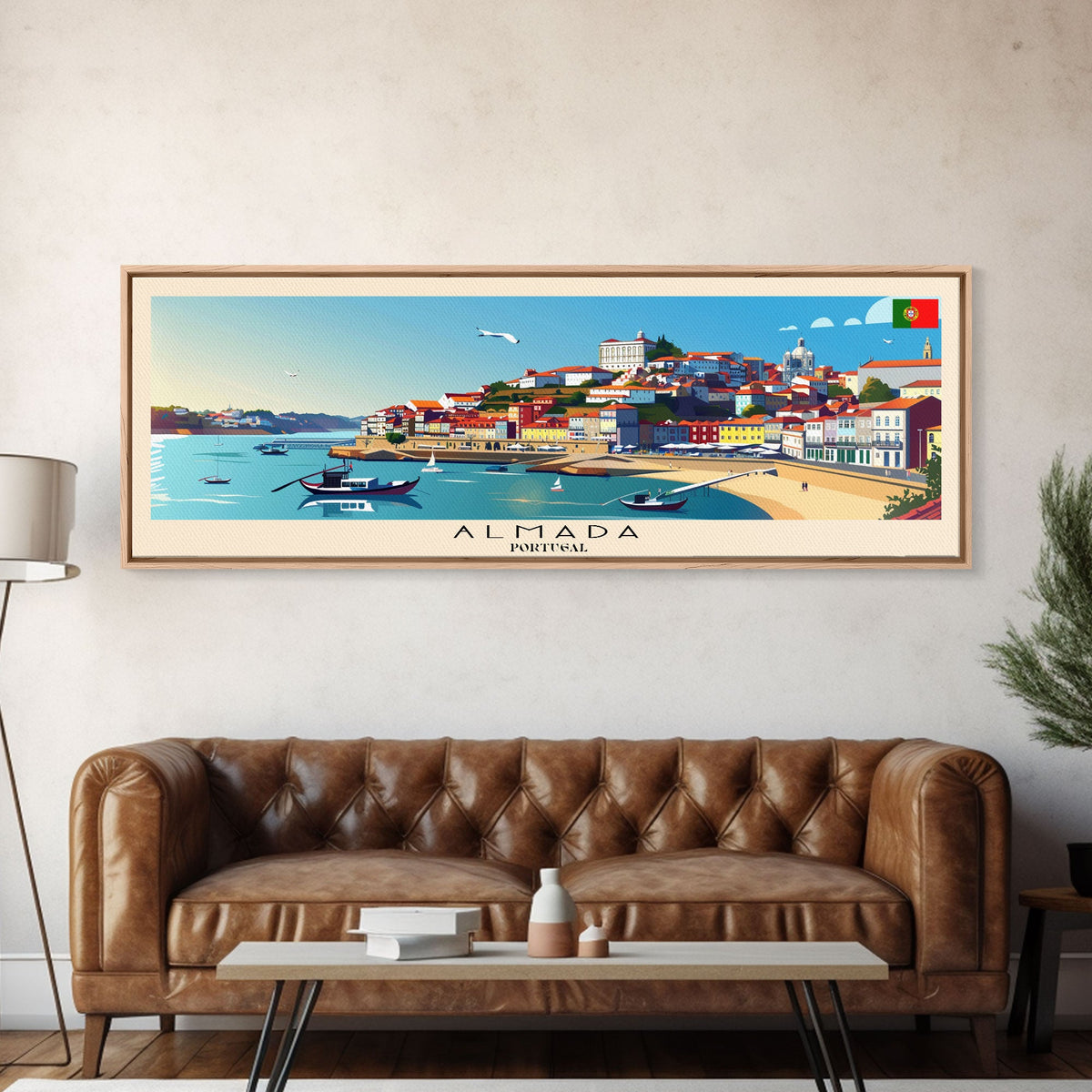 Almada Portugal Travel Art, City Art, Framed Canvas Print or Metal Wall Art, Europe Travel Poster, Panoramic Wall Art, Extra Wide Wall Art