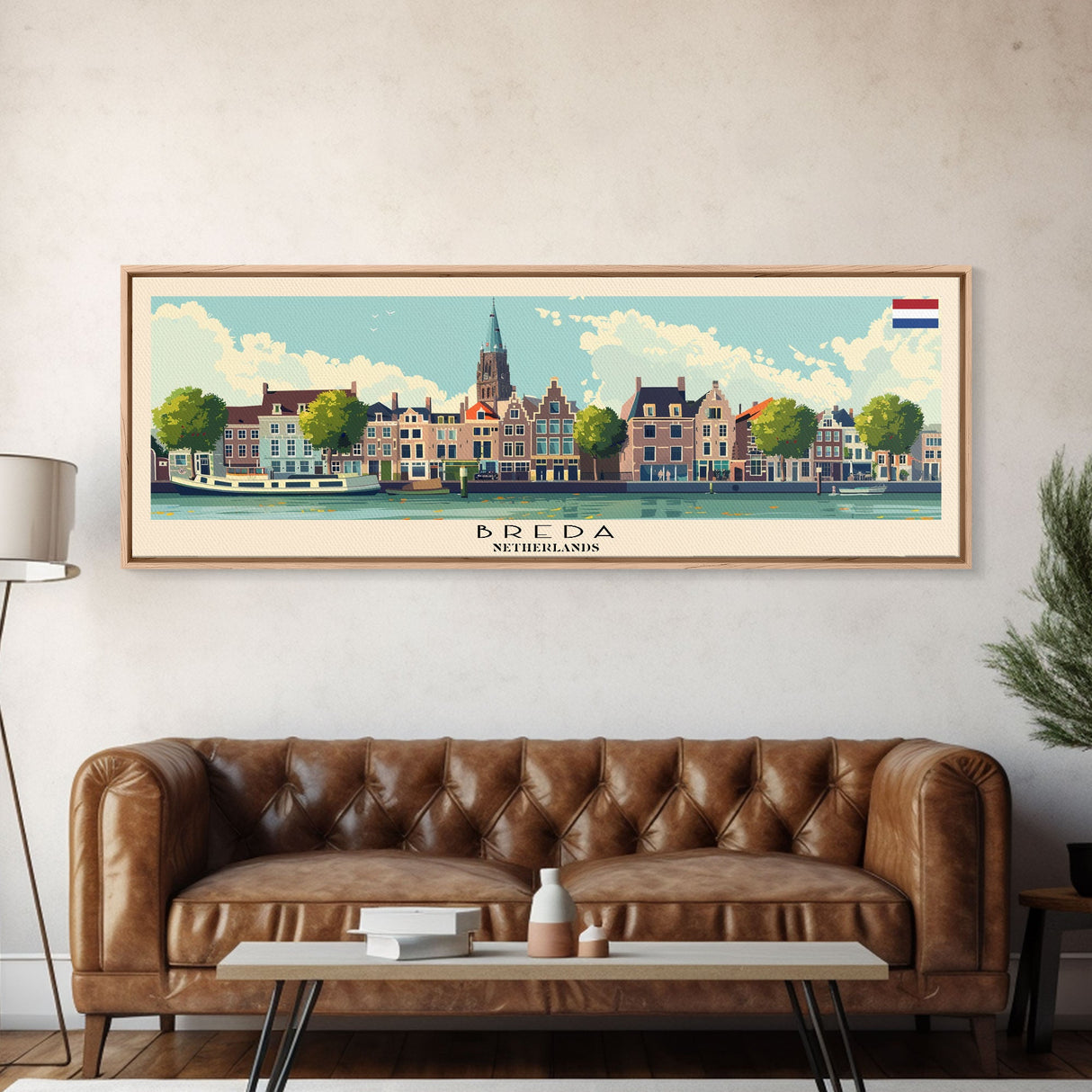 Breda Netherlands Panoramic Travel Poster, Framed Canvas Print or Metal Wall Art, Travel Art, Home Decor, Panoramic Painting, Midcentury Art
