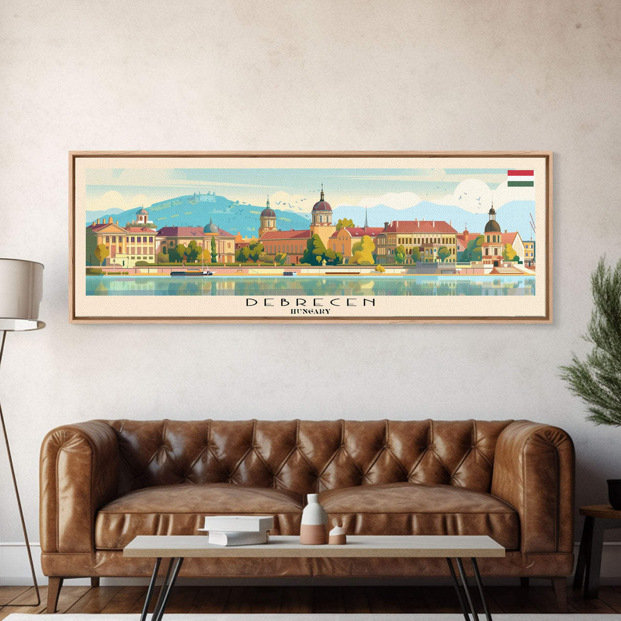 Debrecen Hungary Panoramic Travel Poster, Framed Canvas Print or Metal Wall Art, Travel Art, Home Decor, Panoramic Painting, Midcentury Art