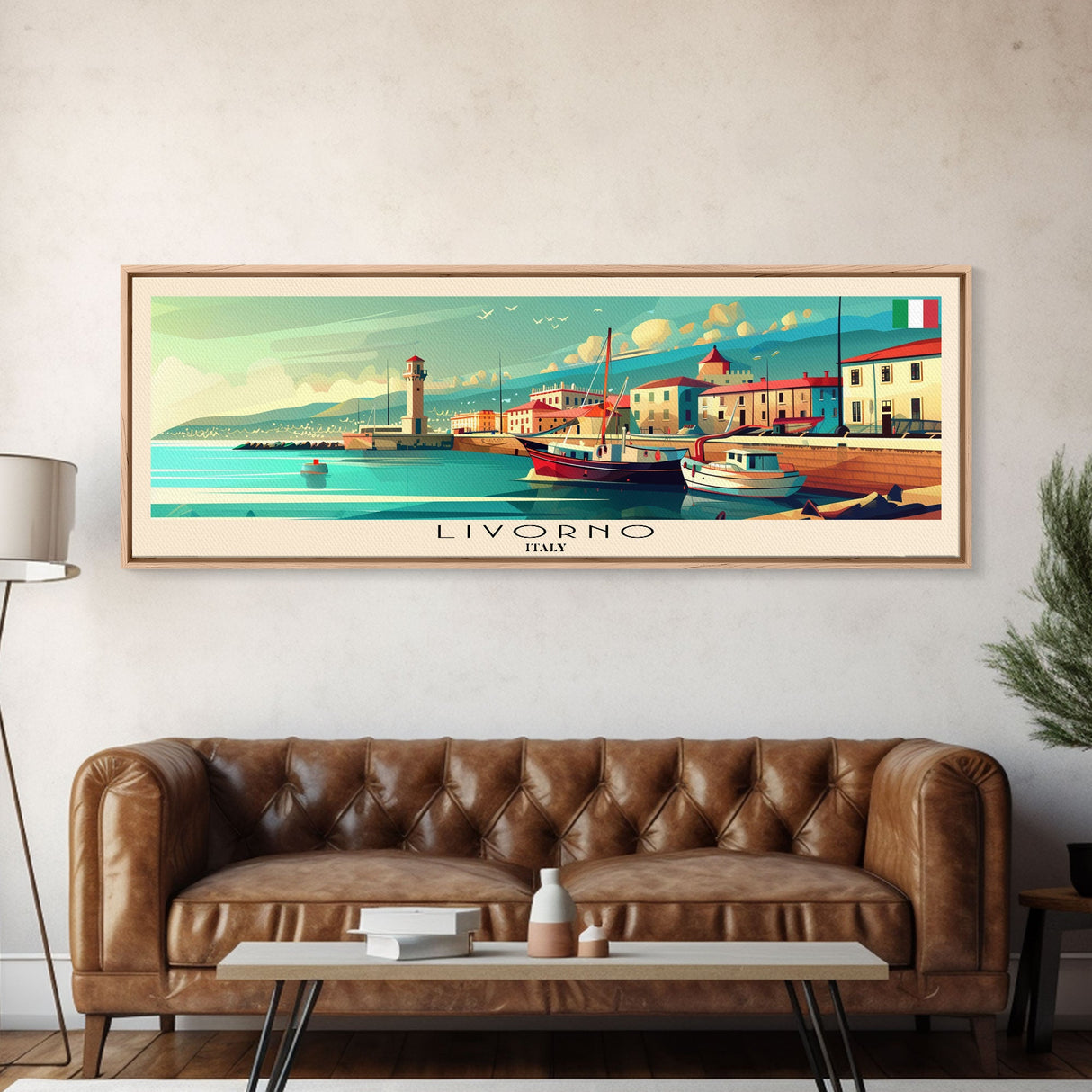 Livorno Italy Panoramic Travel Poster, Framed Canvas Print or Metal Wall Art, Travel Art, Home Decor, Panoramic Painting, Midcentury Art
