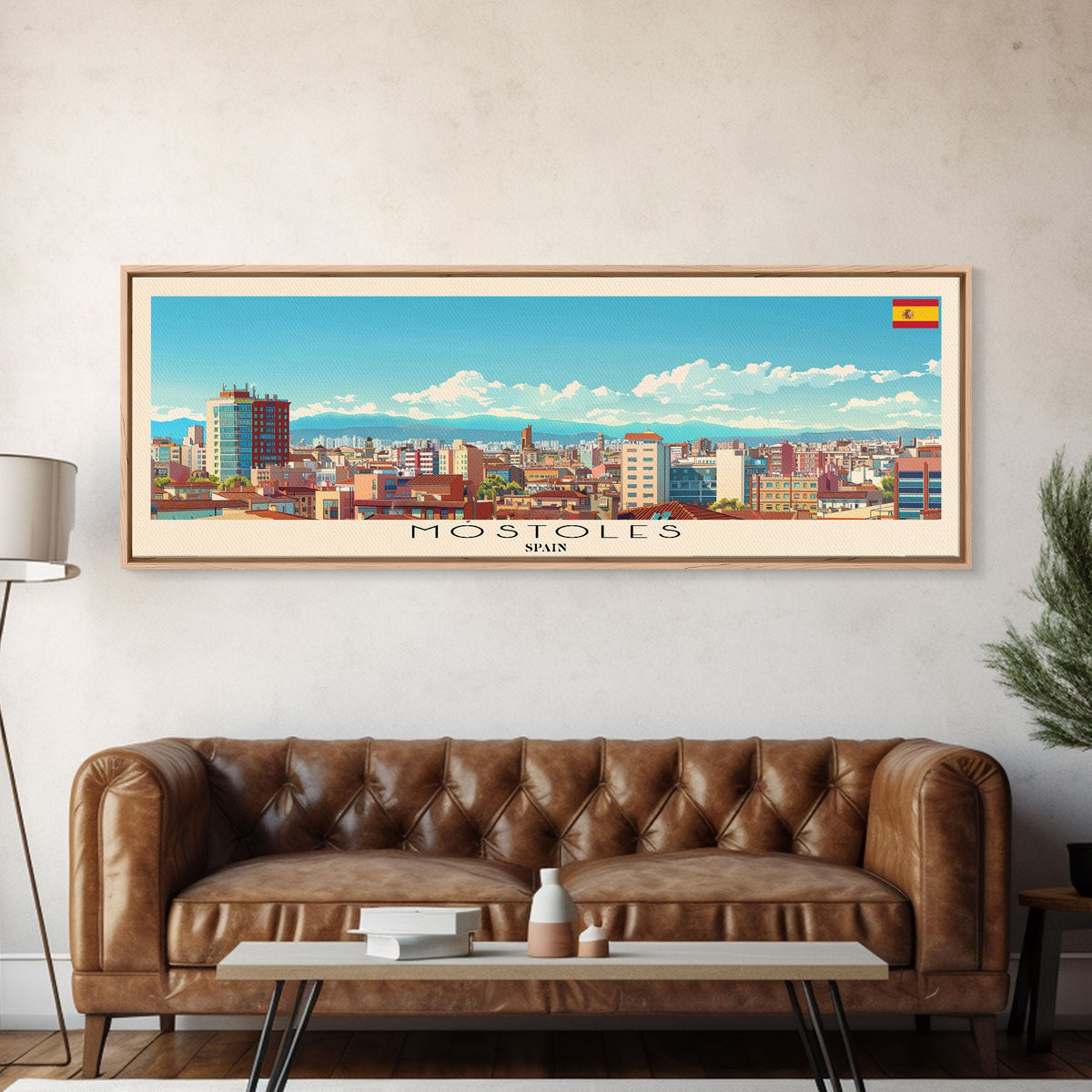 Mostoles Spain Panoramic Travel Poster, Framed Canvas Print or Metal Wall Art, Travel Art, Home Decor, Panoramic Painting, Midcentury Art