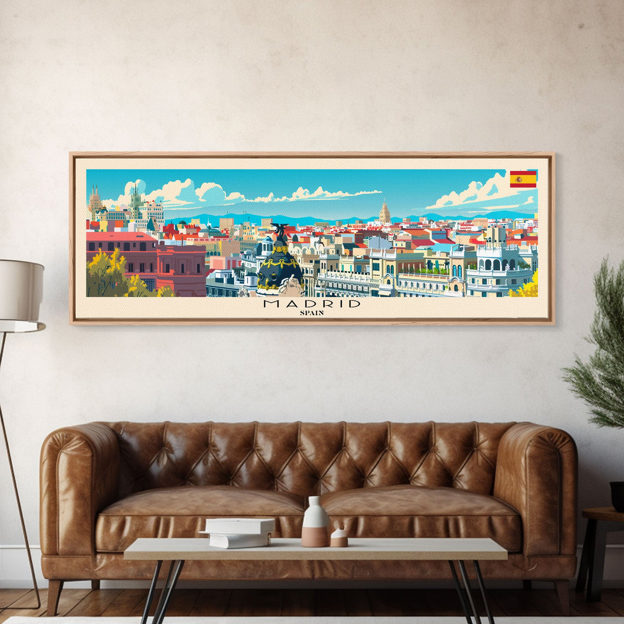 Madrid Spain Panoramic Travel Poster, Framed Canvas Print or Metal Wall Art, Travel Art, Home Decor, Panoramic Painting, Midcentury Art