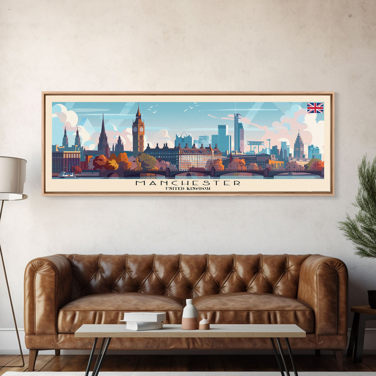 Manchester United Kingdom Panoramic Travel Poster, Framed Canvas Print or Metal Wall Art, Travel Art, Home Decor, Panoramic Painting, Midcentury Art