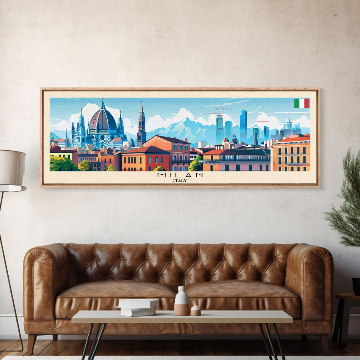 Milan Italy Panoramic Travel Poster, Framed Canvas Print or Metal Wall Art, Travel Art, Home Decor, Panoramic Painting, Midcentury Art