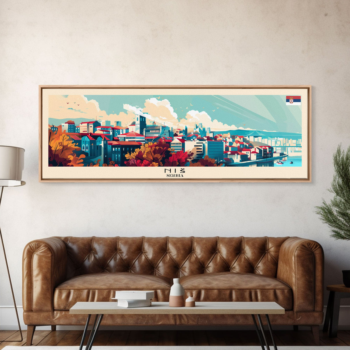 Niš Serbia Panoramic Travel Poster, Framed Canvas Print or Metal Wall Art, Travel Art, Home Decor, Panoramic Painting, Midcentury Art