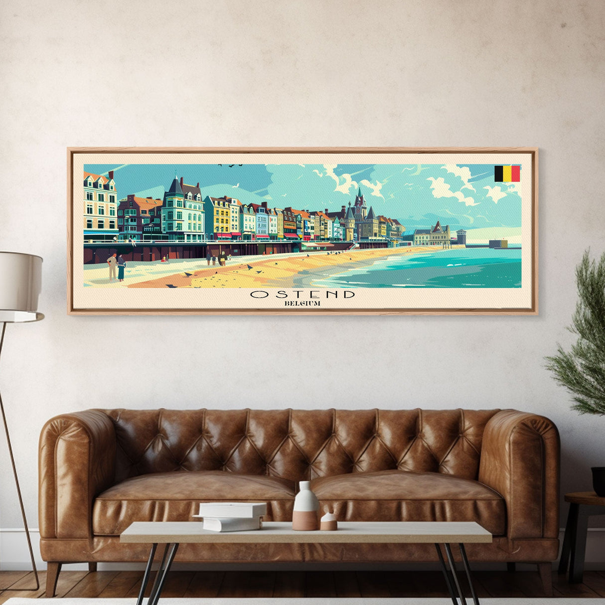 Ostend Belgium Panoramic Travel Poster, Framed Canvas Print or Metal Wall Art, Travel Art, Home Decor, Panoramic Painting, Midcentury Art