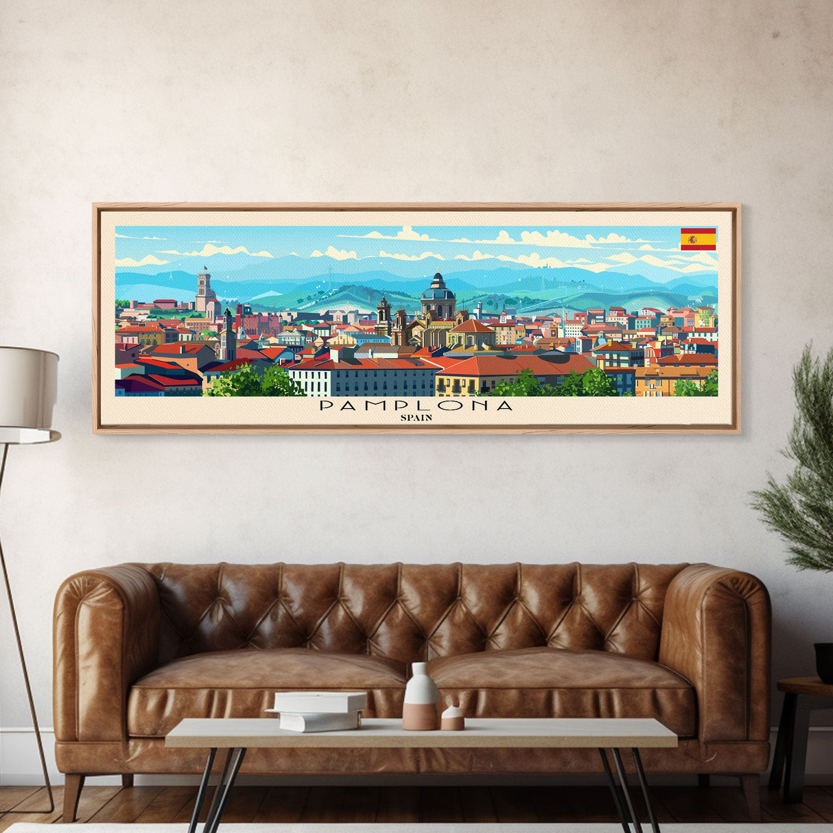 Pamplona Spain Panoramic Travel Poster, Framed Canvas Print or Metal Wall Art, Travel Art, Home Decor, Panoramic Painting, Midcentury Art