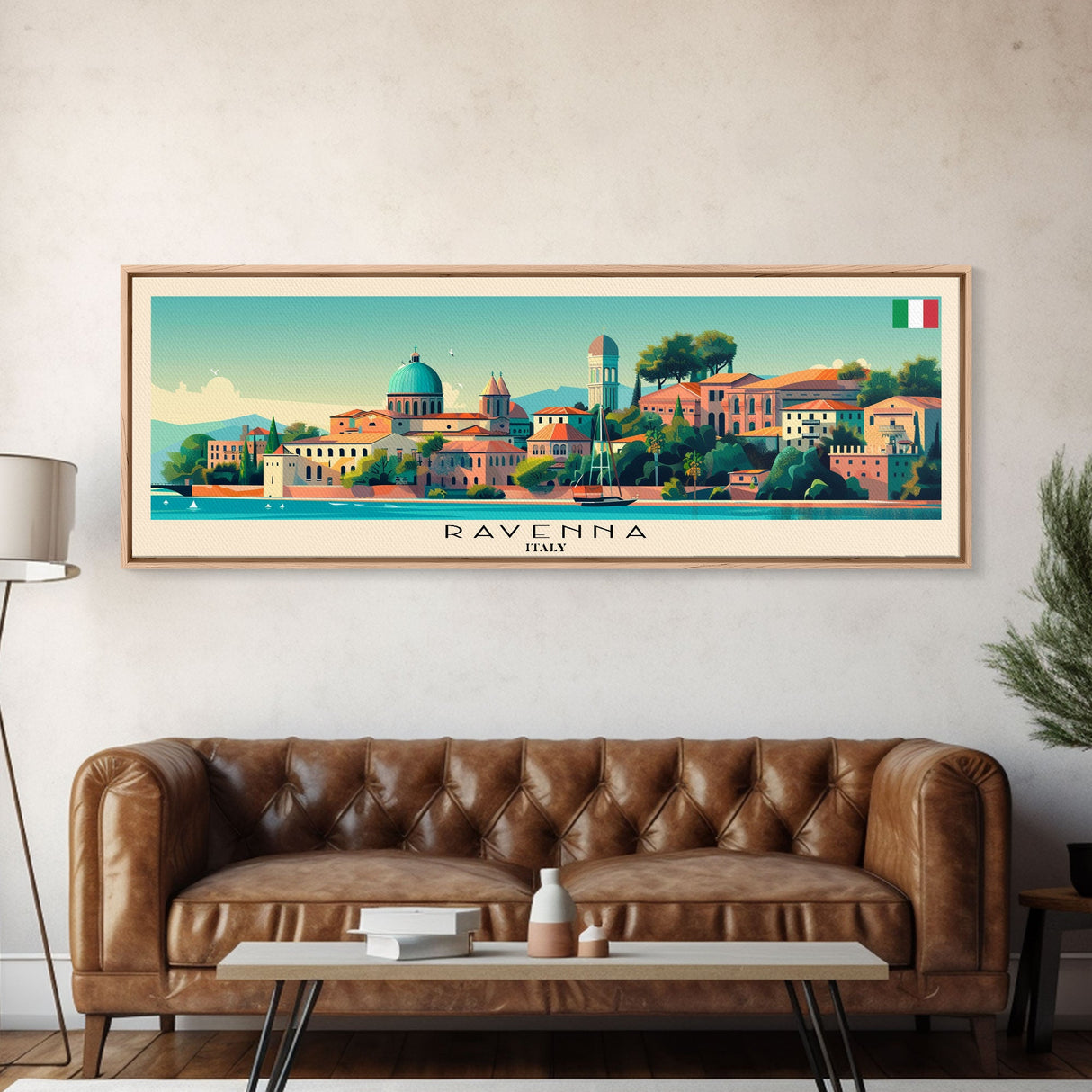 Ravenna Italy Panoramic Travel Poster, Framed Canvas Print or Metal Wall Art, Travel Art, Home Decor, Panoramic Painting, Midcentury Art
