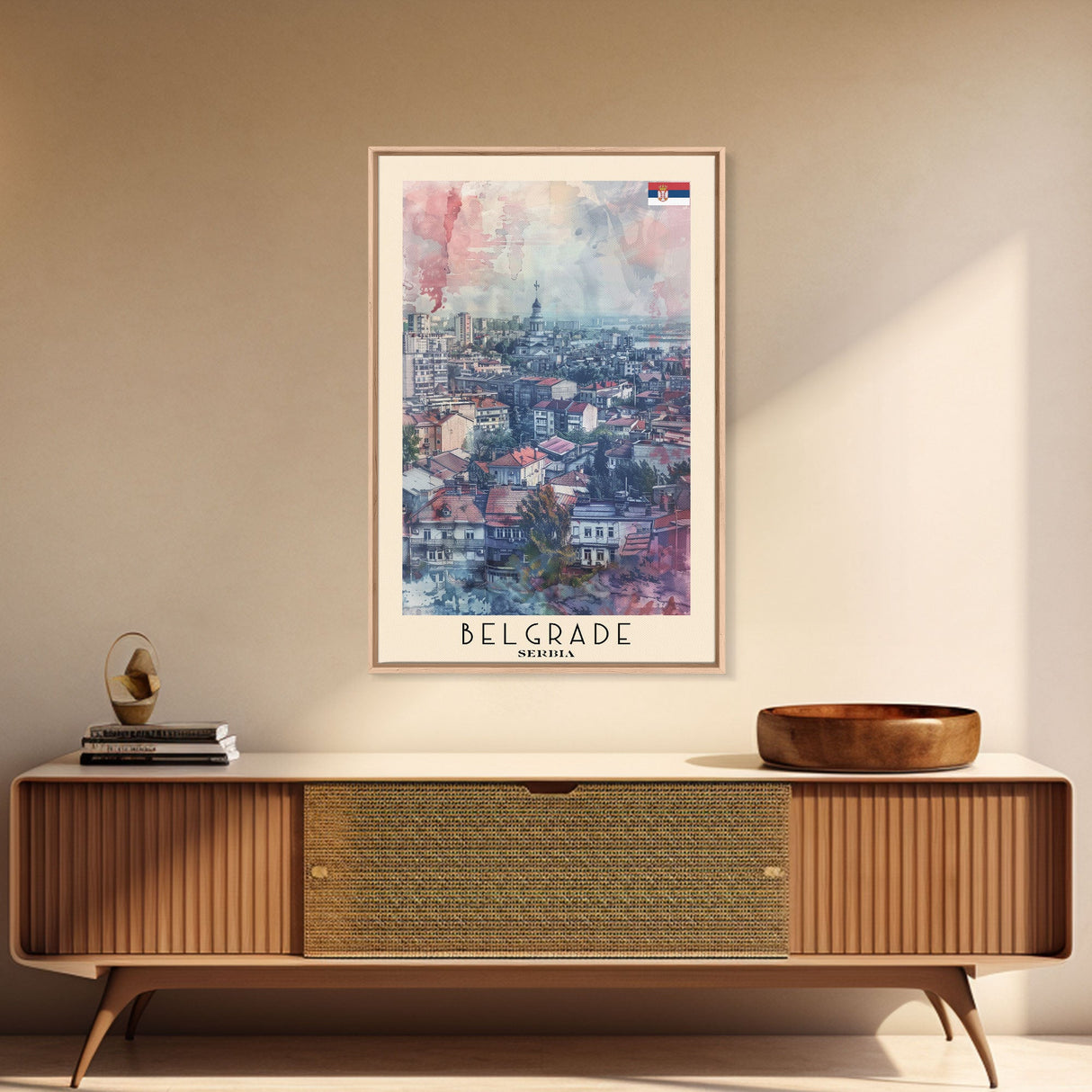 Belgrade Serbia Travel Poster Framed Canvas Print, Wall Art, Living Room Art, Watercolor Painting, Original Art, Vacation Gift