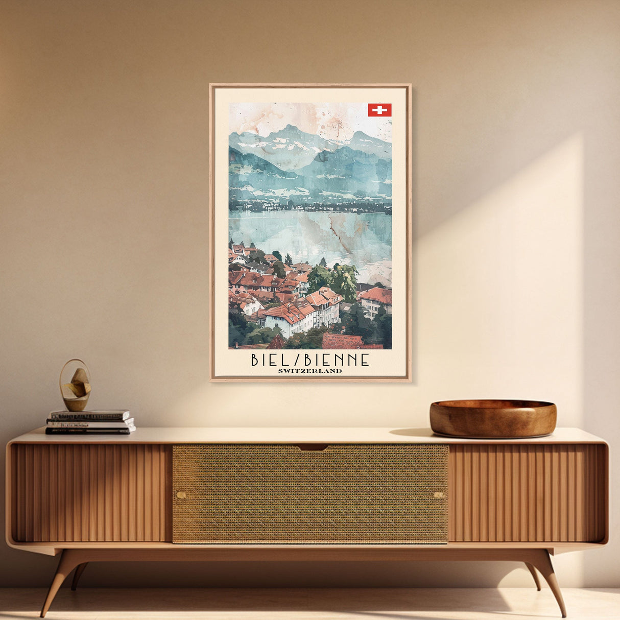 Biel/Bienne Switzerland Travel Poster Framed Canvas Print, Watercolor Painting, Wall Art, Home Decor, Scenic Travel Print