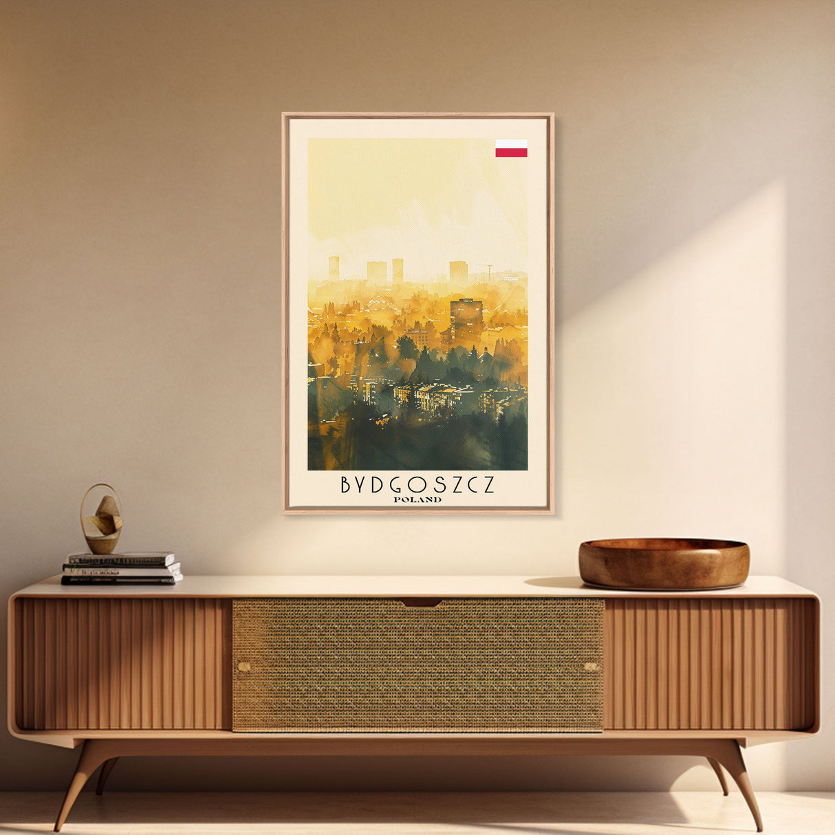 Bydgoszcz Poland Travel Poster Framed Canvas Print, Watercolor Cityscape, Wall Art, Home Decor, Travel Print, Boho Style, Art Piece