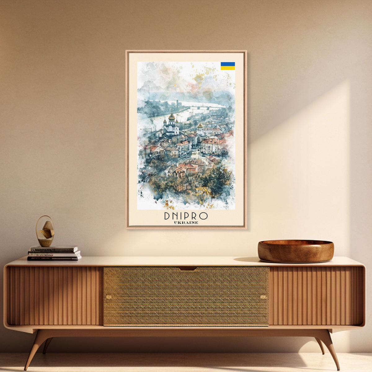 Dnipro Ukraine Urban Landscape Framed Canvas Print, Watercolor Travel Poster, Eastern European Wall Art, Elegant Home Decor, Retro Cityscape Art, Living Room Accent
