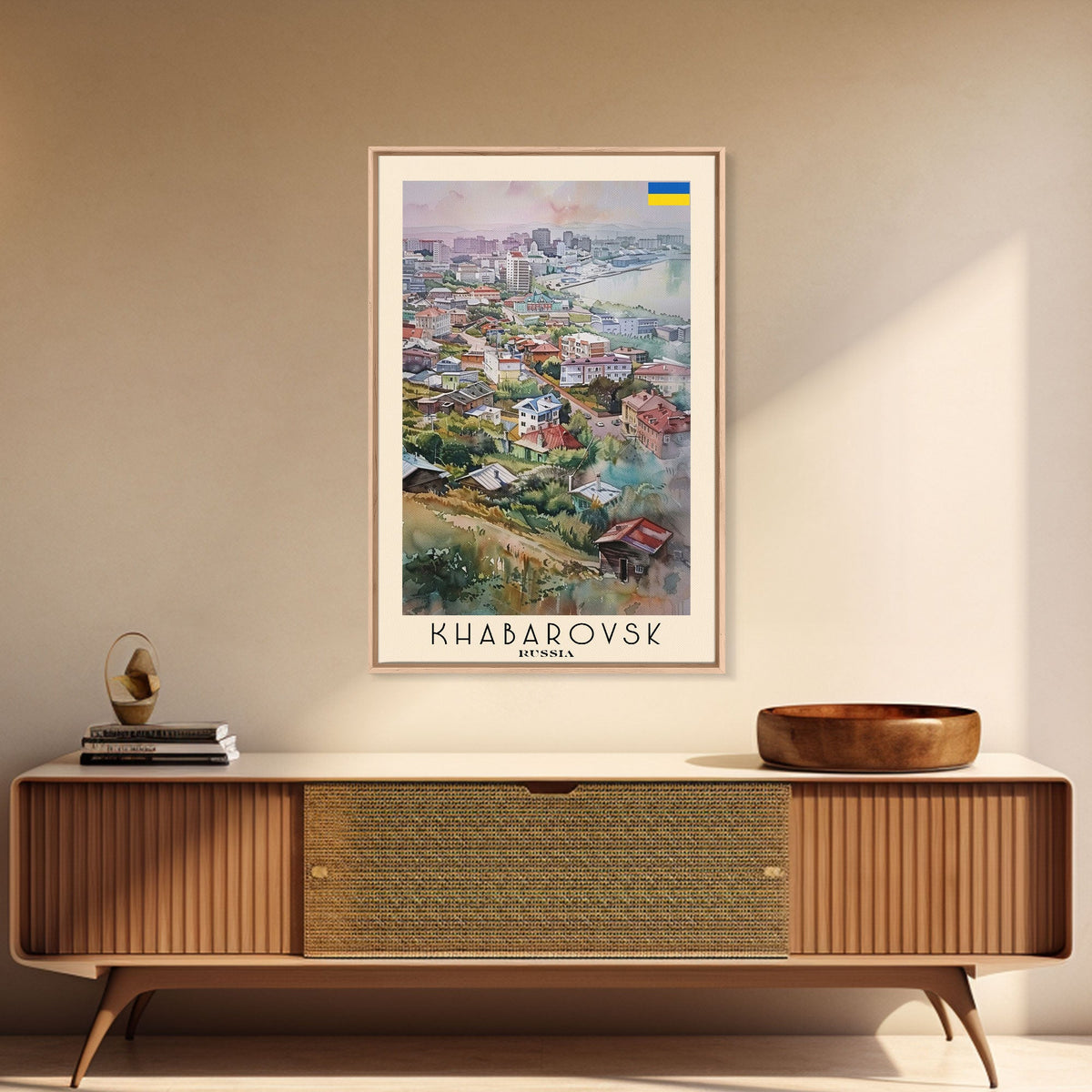 Khabarovsk Russia Riverside View, Framed Canvas Print, Travel Poster, Wall Art, Home Decor, Living Room Decoration, Russian Cityscape Art