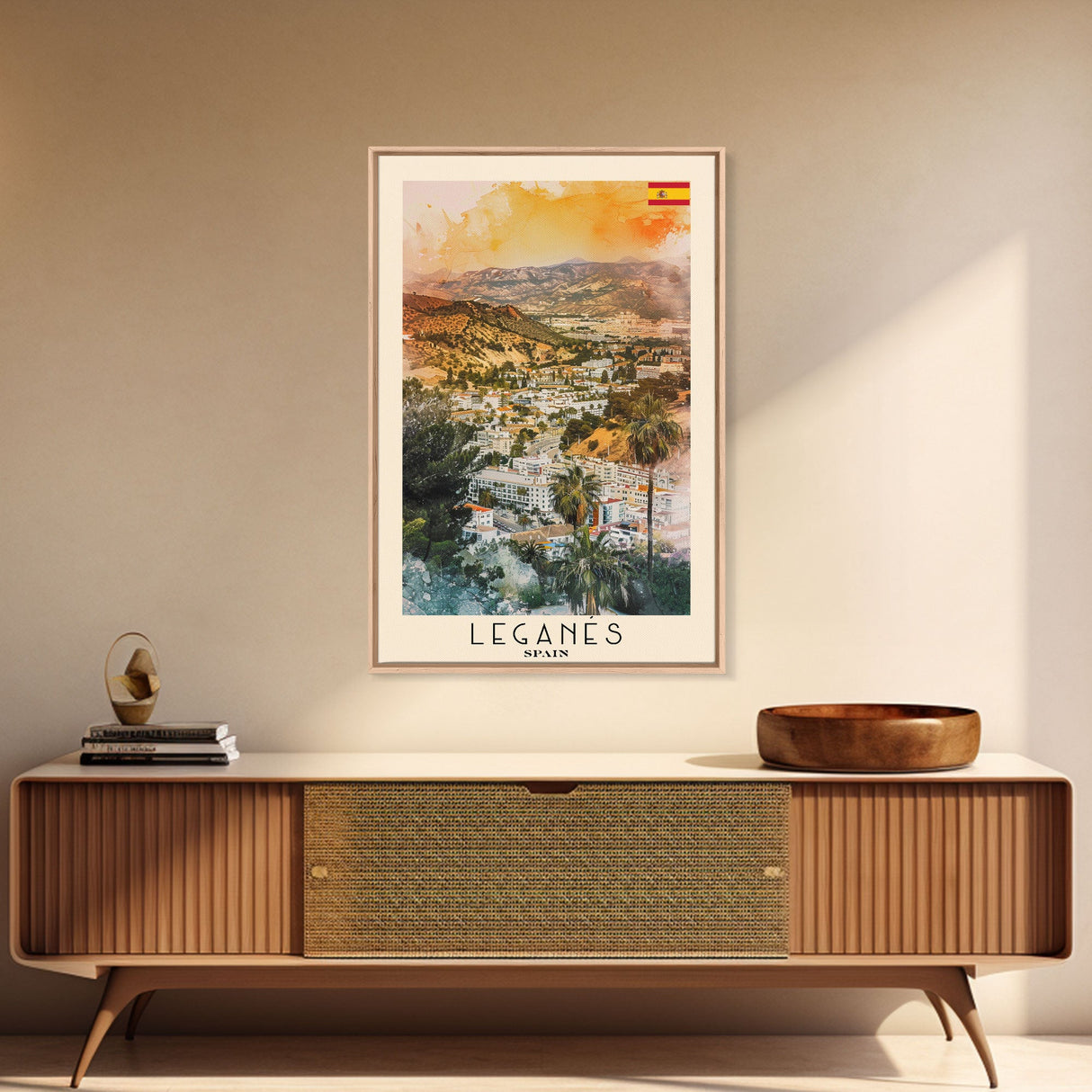 Leganes Spain Travel Poster Framed Canvas Print, Vibrant Cityscape, Watercolor Painting, Wall Art, Home Decor, Travel Print, Artistic Gift