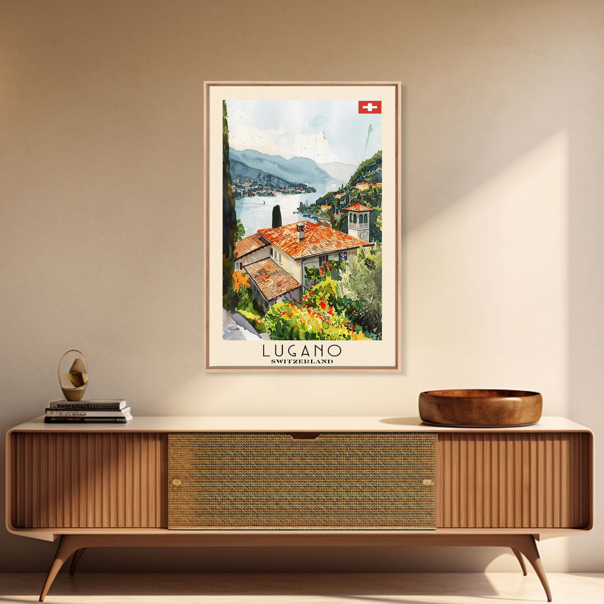 Lugano Switzerland Travel Poster Framed Canvas Print, Lakeside Cityscape, Watercolor Painting, Wall Art, Home Decoration, Travel Print, Artistic Gift