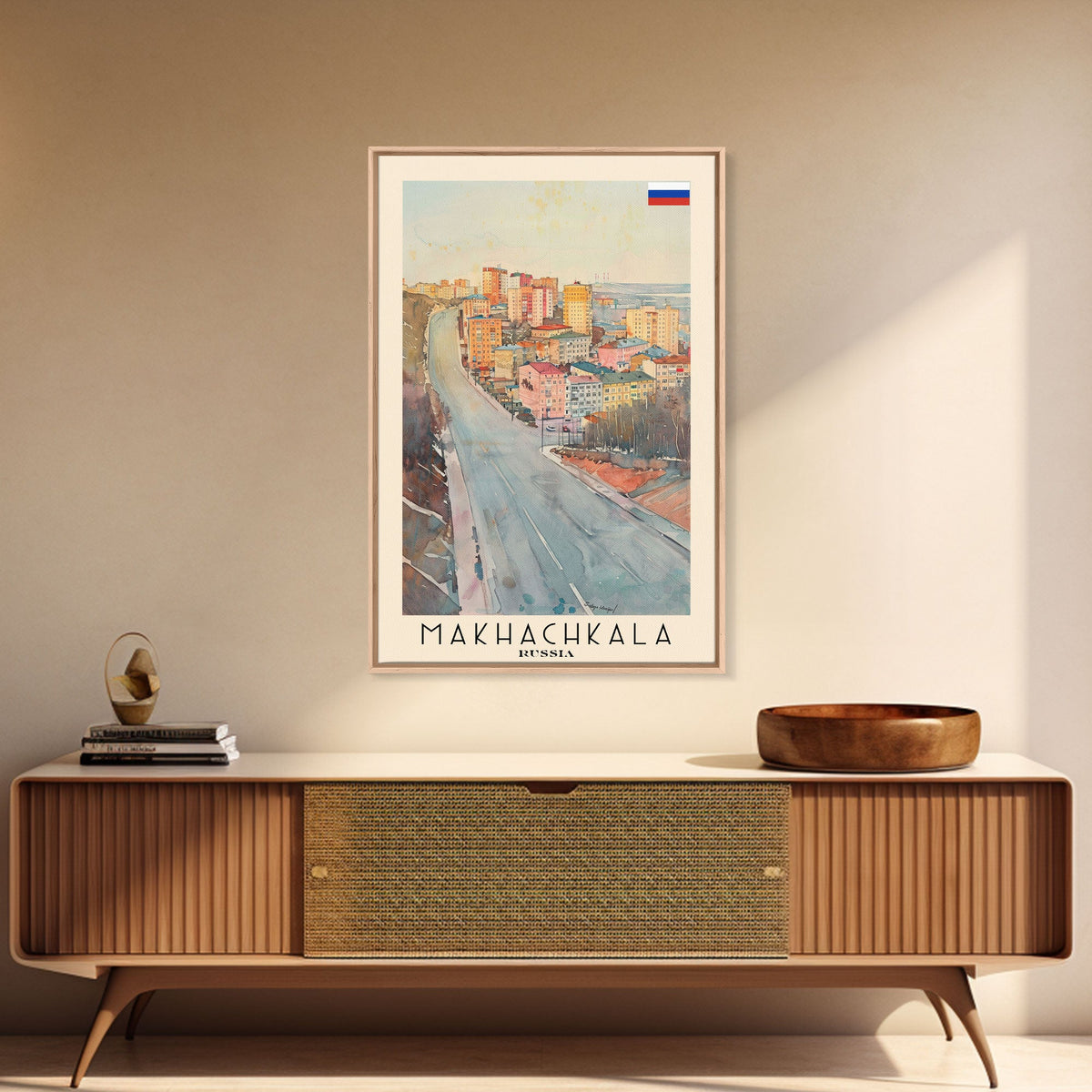 Makhachkala Russia Travel Poster Framed Canvas Print, Coastal Cityscape, Watercolor Art, Wall Hanging, Home Decor, Travel Print, Artistic Gift
