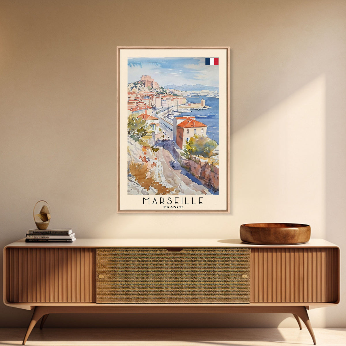 Marseille France Travel Poster Framed Canvas Print, Vibrant Cityscape, Watercolor Art, Wall Hanging, Home Decoration, Travel Print, Artistic Gift