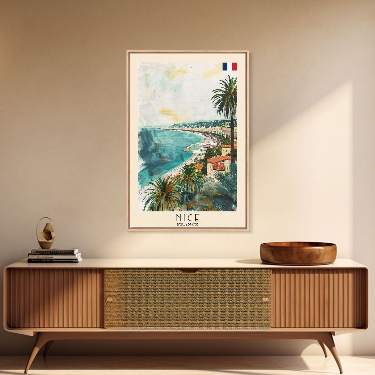 Nice France Travel Poster Framed Canvas Print, Coastal Watercolor Painting, Scenic Wall Art, Home Decor, Vacation Art, Unique Art