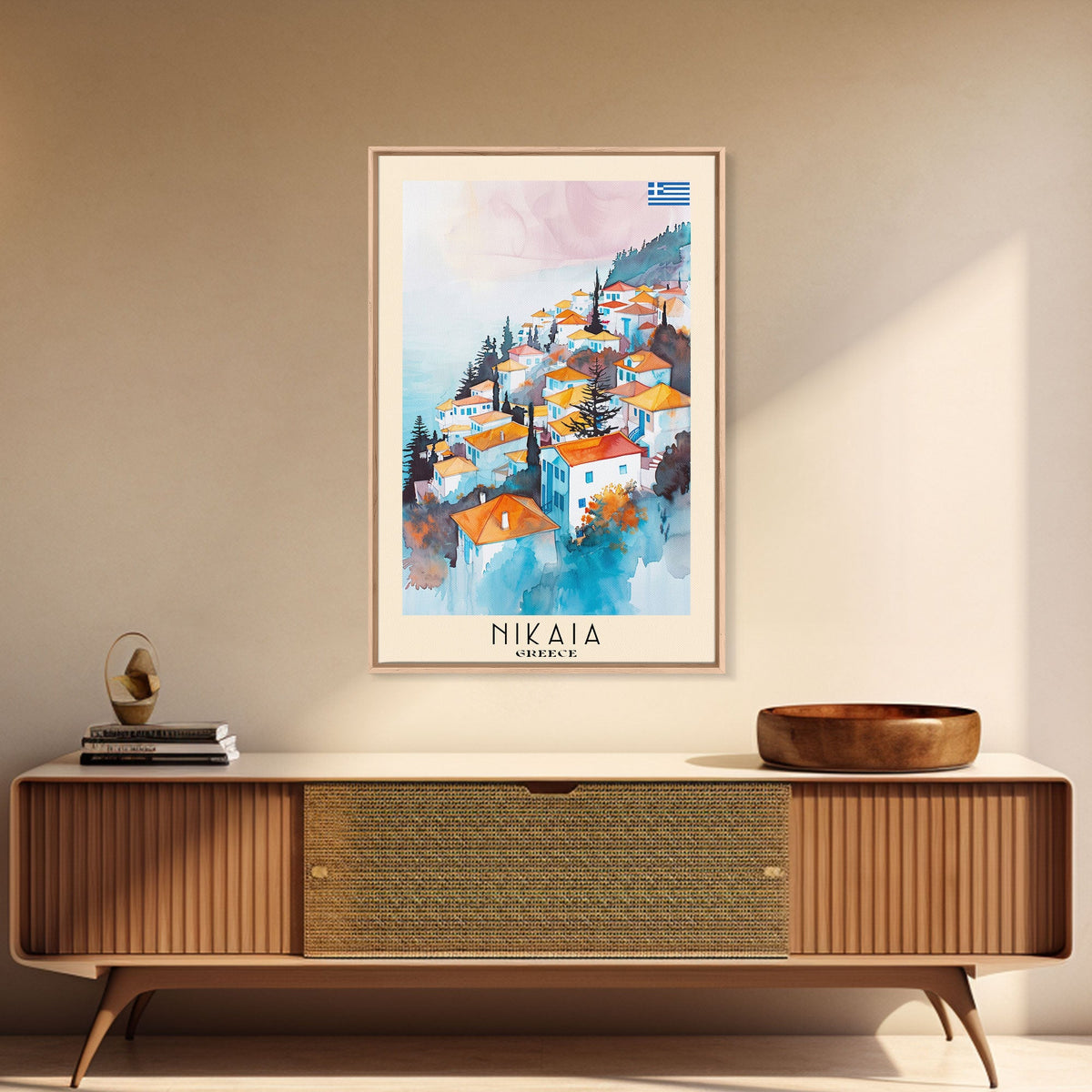 Nikaia Greece Framed Canvas Print, Boho Travel Poster, Watercolor Painting, Wall Art, Home Decor, Greek Scenery, Mediterranean Style