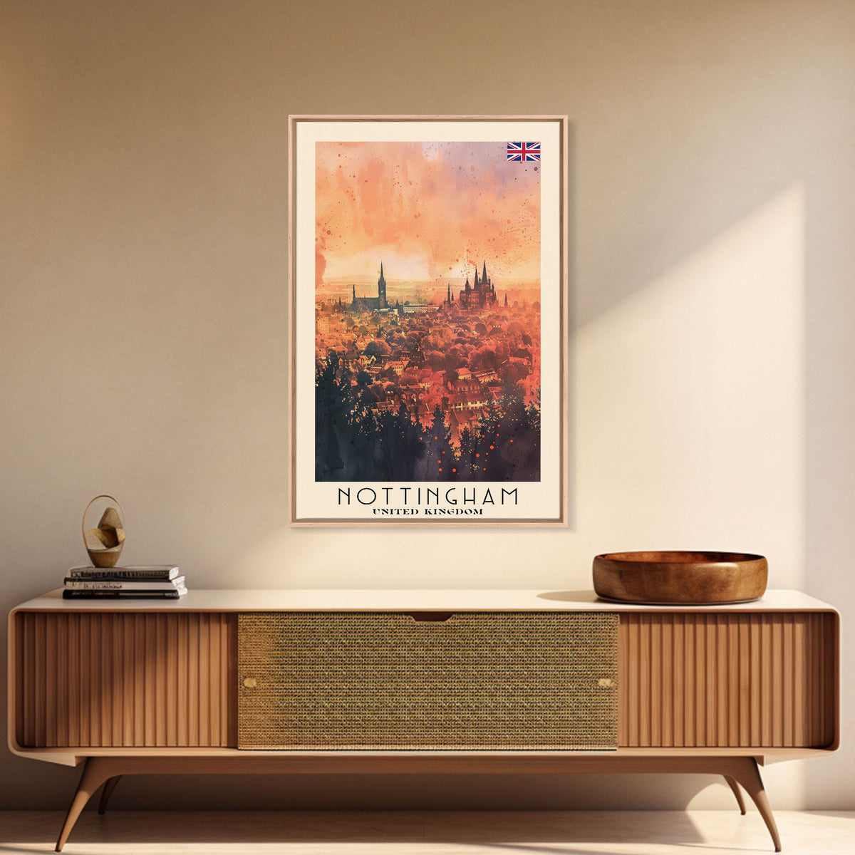 Nottingham United Kingdom Travel Poster Framed Canvas Print, Watercolor Painting, Scenic Wall Art, Home Decor, British Cityscape, Modern Art
