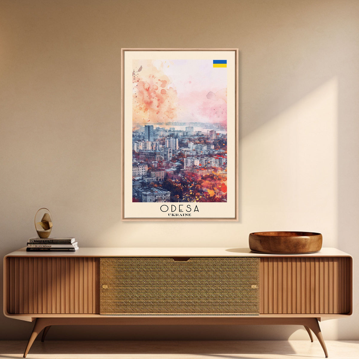 Odesa Ukraine Travel Poster Framed Canvas Print, Watercolor Painting, Scenic Wall Art, Home Decor, Ukrainian Coastal Scene, Vibrant Art