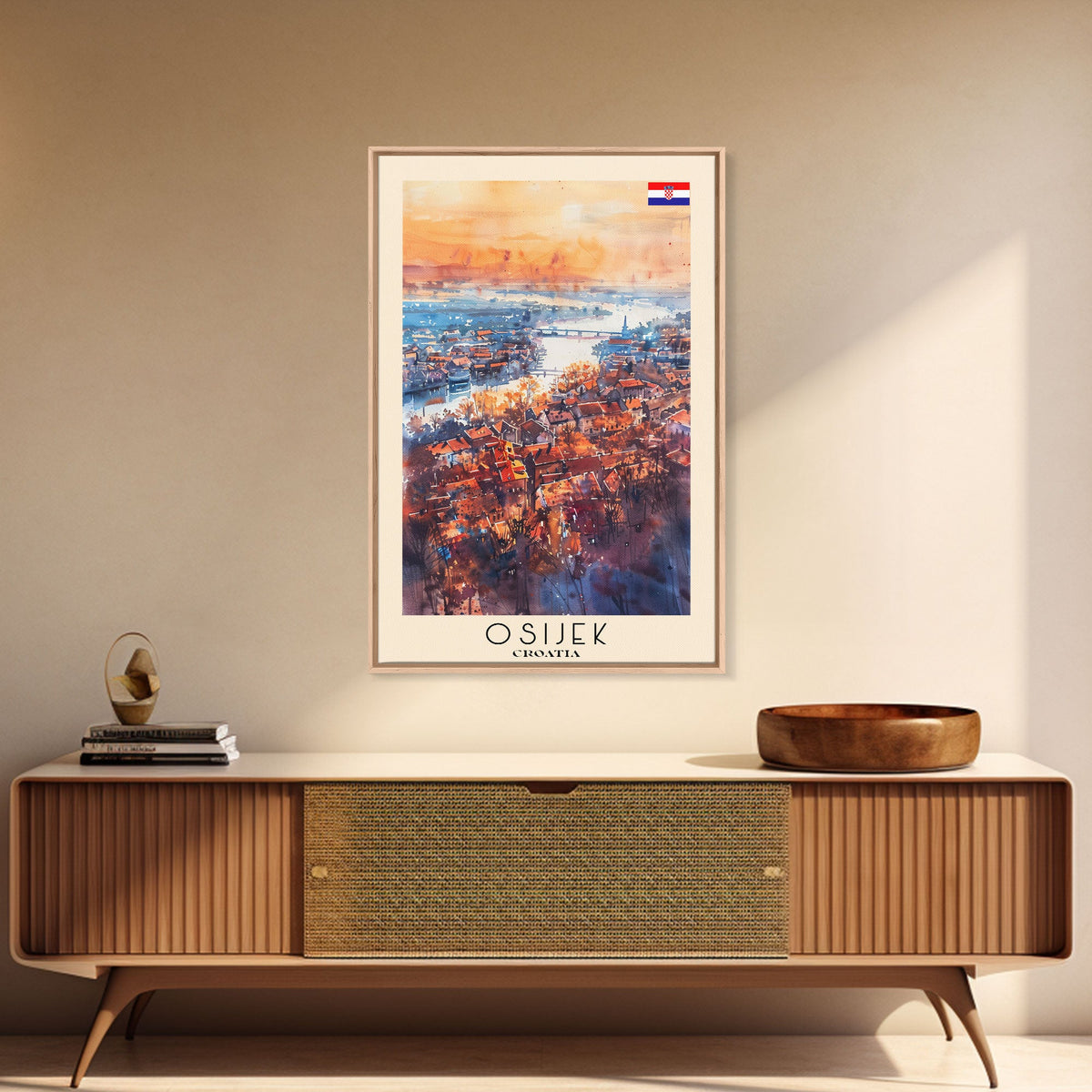 Osijek Croatia Travel Poster Framed Canvas Print, Watercolor Painting, Scenic Wall Art, Home Decor, Croatian Landscape, Rustic Art