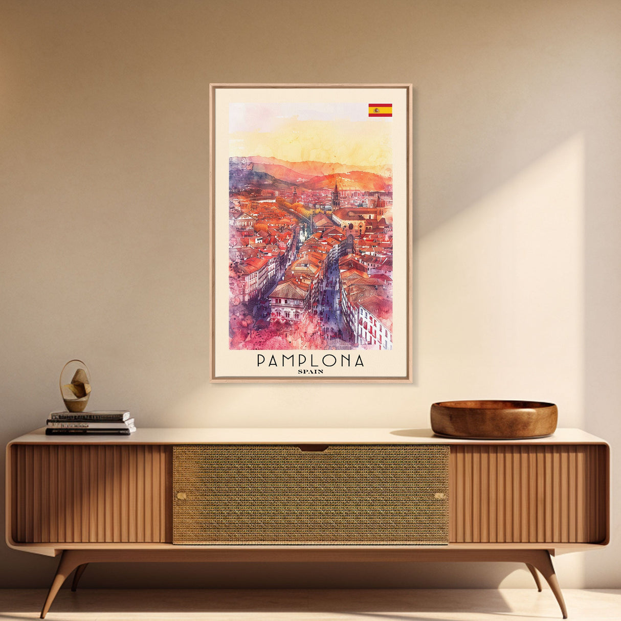 Pamplona Spain Travel Poster Framed Canvas Print, Watercolor Painting, Urban Wall Art, Home Decor, Spanish Architecture, Classic Art