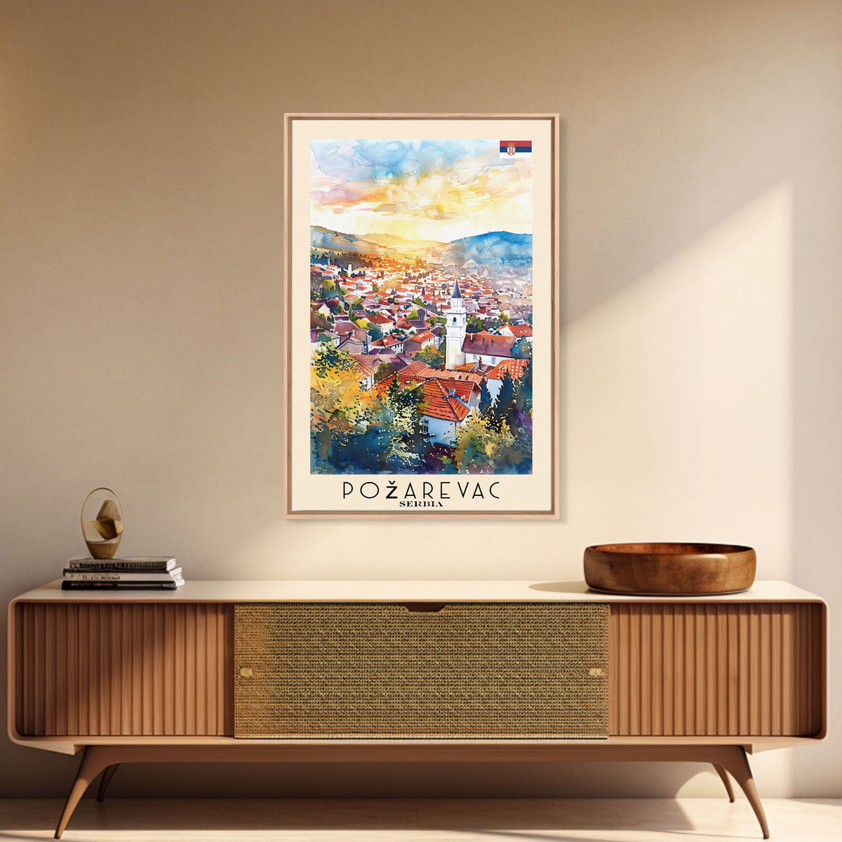 Pozega Serbia Travel Poster Framed Canvas Print, Watercolor Painting, Scenic Wall Art, Home Decor, Serbian Landscape, Classic Art