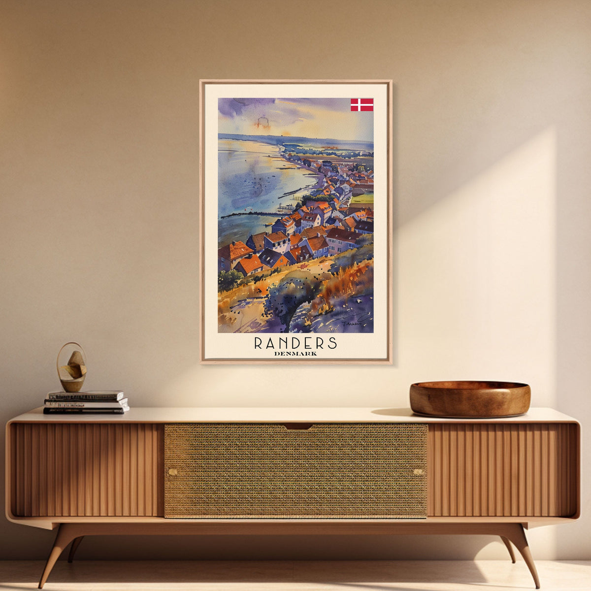 Randers Denmark Travel Poster Framed Canvas Print, Watercolor Painting, Scenic Wall Art, Home Decor, Danish Landscape, Classic Art