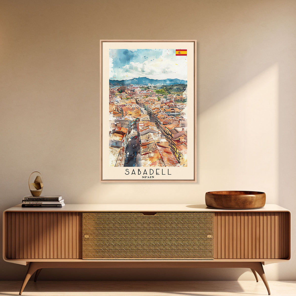 Sabadell Spain Travel Poster Framed Canvas Print, Watercolor Painting, Scenic Wall Art, Home Decor, Spanish Landscape, Artistic Art