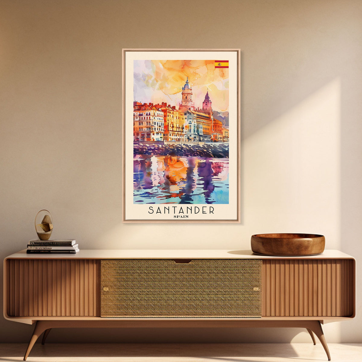 Santander Spain Travel Poster Framed Canvas Print, Watercolor Painting, Coastal Wall Art, Home Decor, Spanish Seaside, Vibrant Art