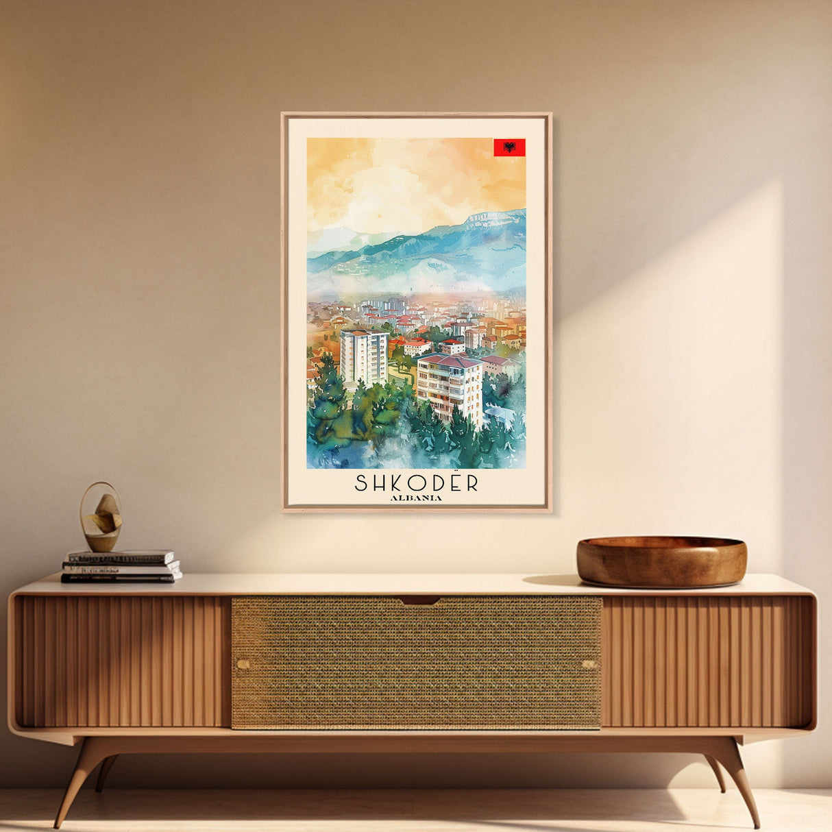 Shkoder Albania Travel Poster Framed Canvas Print, Watercolor Painting, Scenic Wall Art, Home Decor, Albanian Landscape, Classic Art