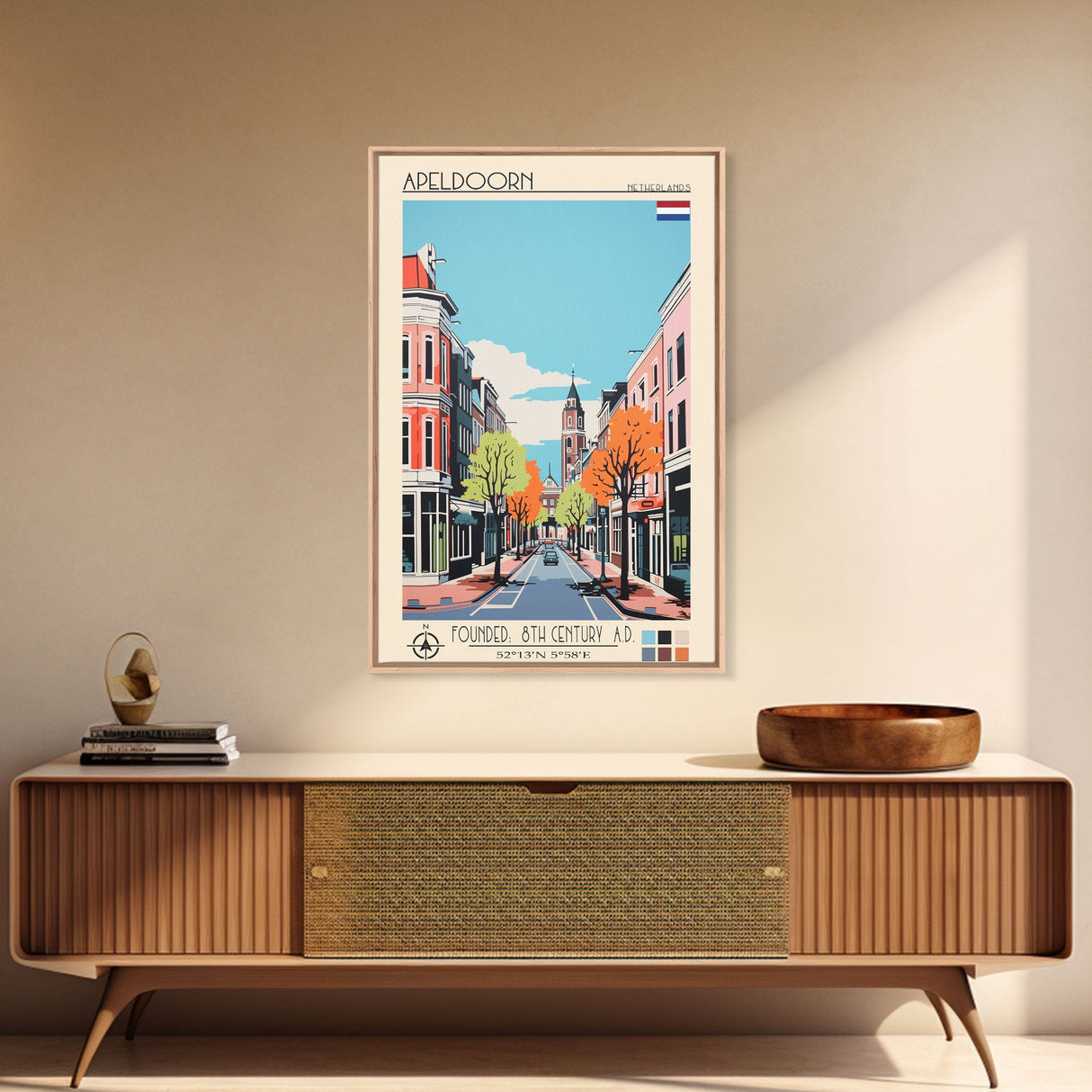 Apeldoorn Netherlands Travel Poster Framed Canvas Print, Midcentury Modern Art, Pop Art Wall Decor, Home Decor, Vacation Gift, Living Room Art