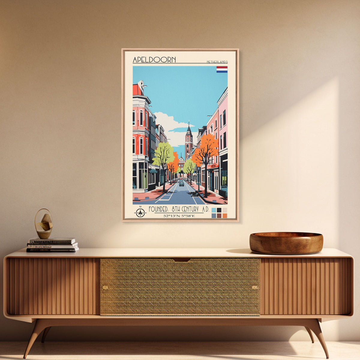 Apeldoorn Netherlands Travel Poster Framed Canvas Print, Midcentury Modern Art, Pop Art Wall Decor, Home Decor, Vacation Gift, Living Room Art