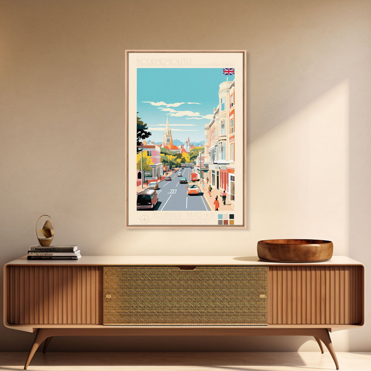 Bournemouth United Kingdom Travel Poster Framed Canvas Print, Midcentury Modern Art, Pop Art Wall Decor, Scenic Wall Art, Living Room Art