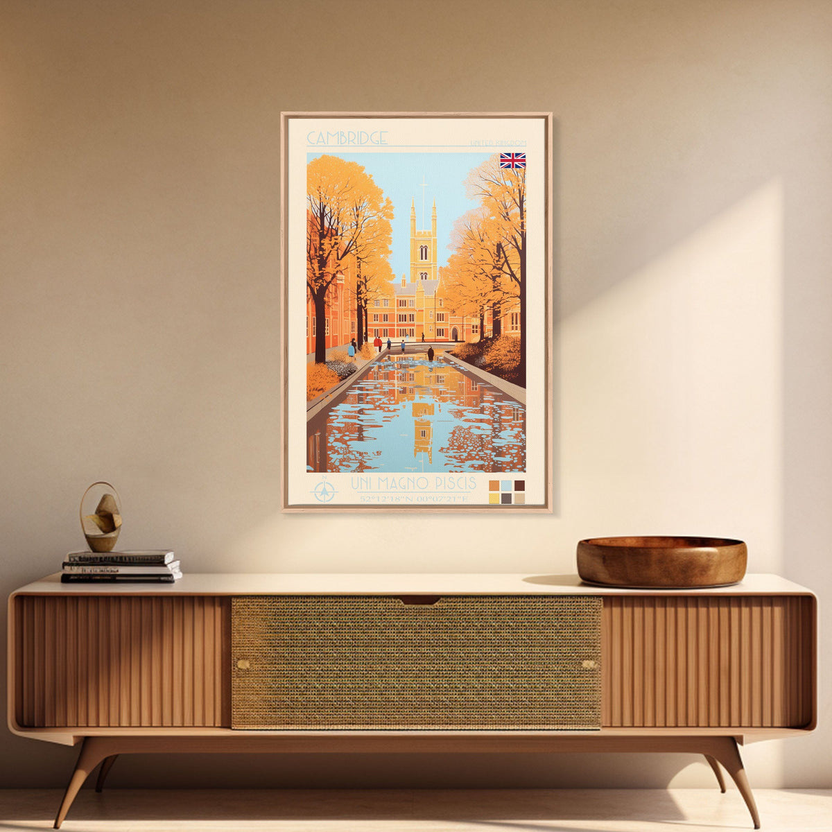 Cambridge United Kingdom Travel Poster Framed Canvas Print, Midcentury Modern Art, Pop Art Wall Decor, Home Decor, Vacation Gift, Living Room Art