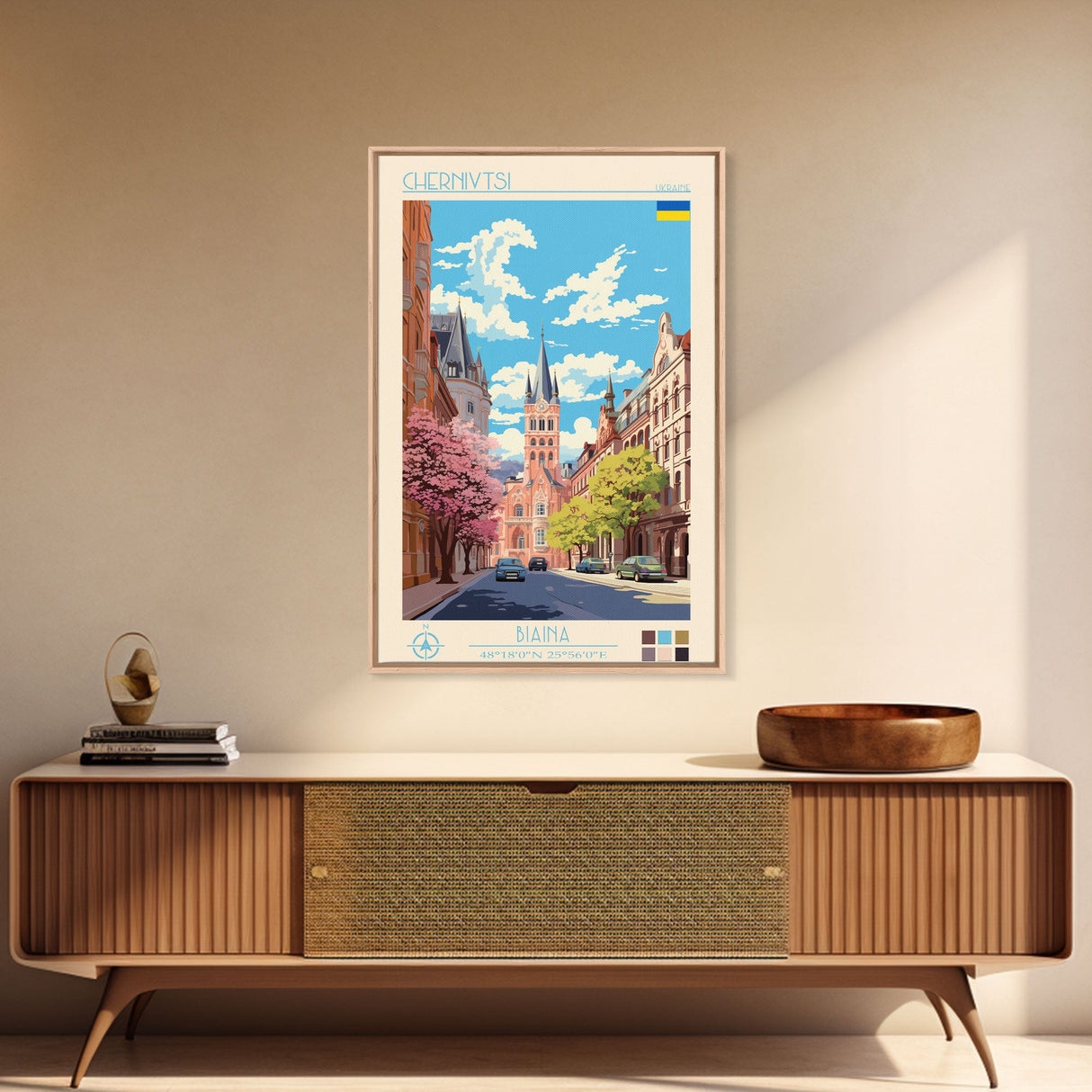 Chernivtsi Ukraine Travel Poster Framed Canvas Print, Midcentury Modern Art, Pop Art Wall Decor, Home Decor, Vacation Gift, Living Room Art