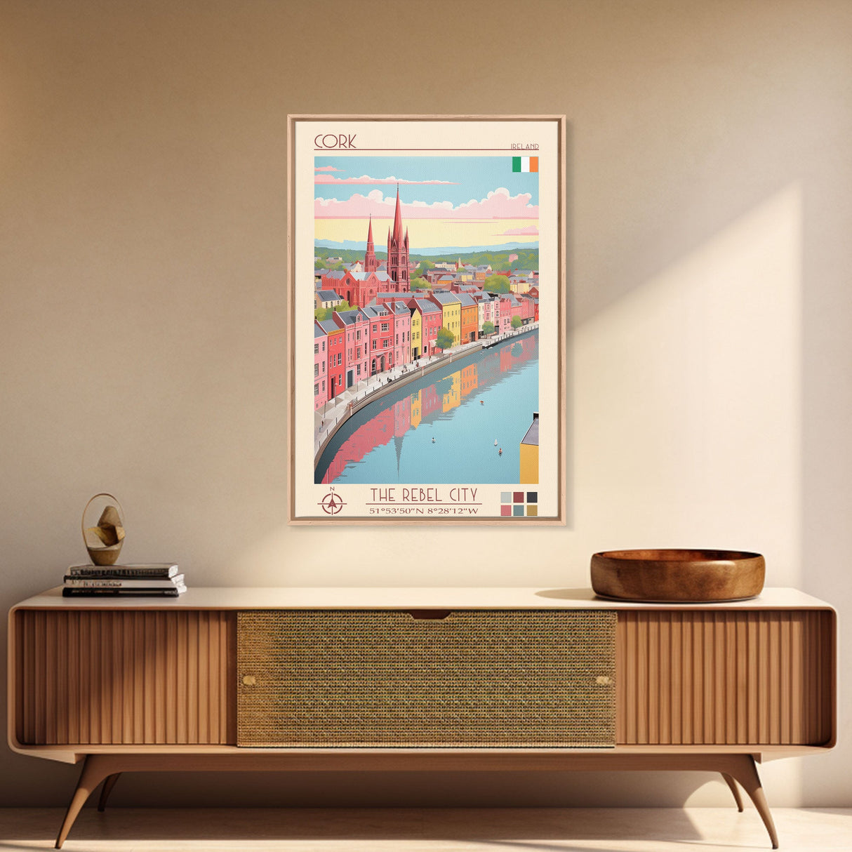 Cork Ireland Travel Poster Framed Canvas Print, Midcentury Modern Art, Pop Art Wall Decor, Home Decor, Vacation Gift, Living Room Art