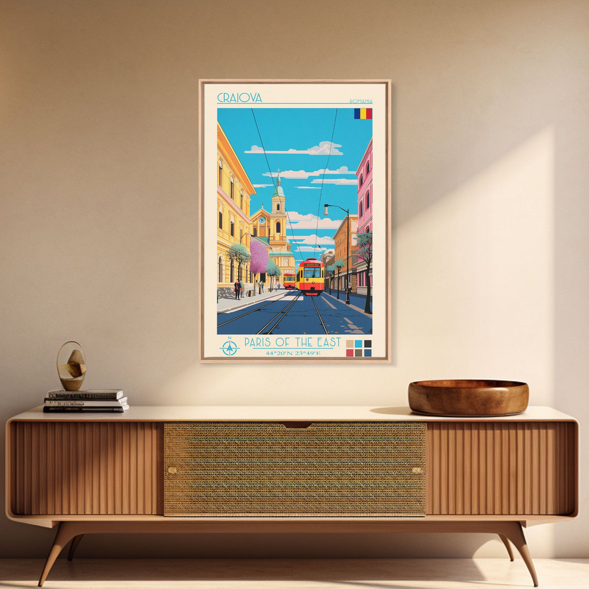 Craiova Romania Travel Poster Framed Canvas Print, Midcentury Modern Art, Pop Art Wall Decor, Home Decor, Vacation Gift, Living Room Art
