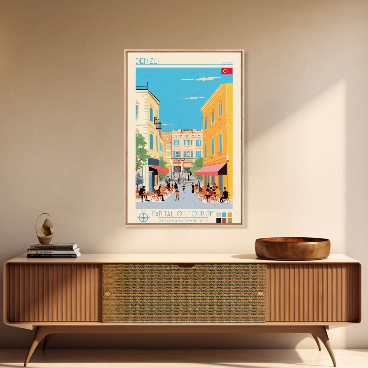 Denizli Turkey Travel Poster Framed Canvas Print, Midcentury Modern Art, Pop Art Wall Decor, Home Decor, Vacation Gift, Living Room Art